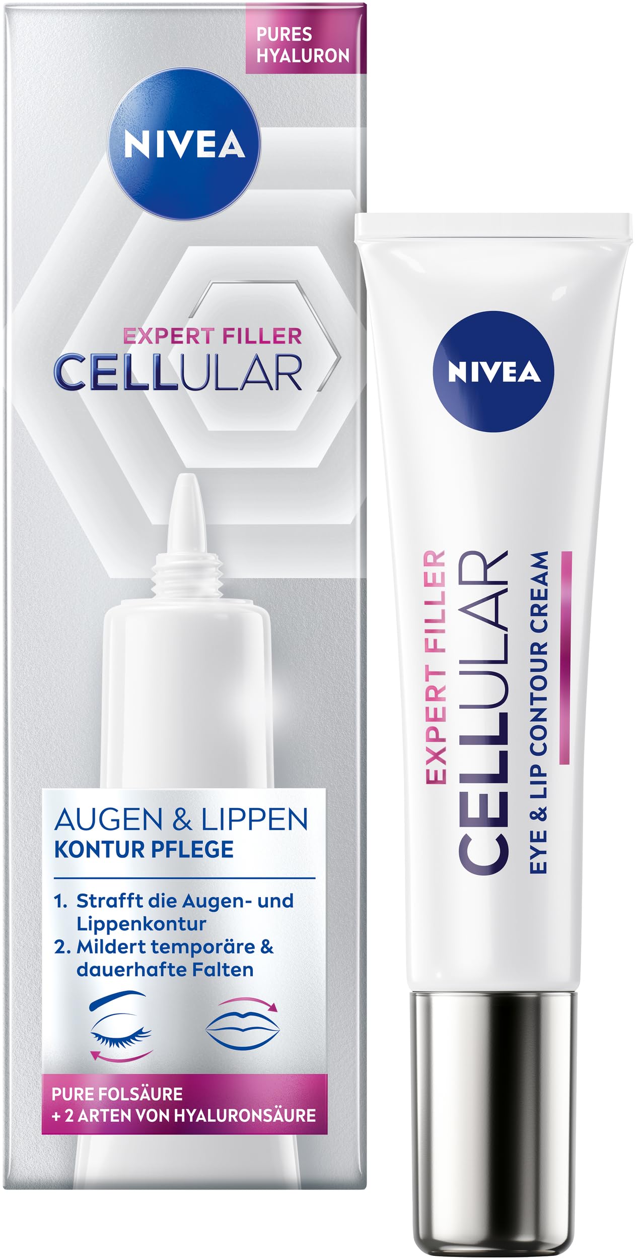 NIVEA Cellular Expert Filler Augen & Lippen Konturpflege, straffende Anti-Falten Augencreme mit Hyaluron- & Folsäure, Lippenpflege zur Straffung der Lippenkontur (15 ml)