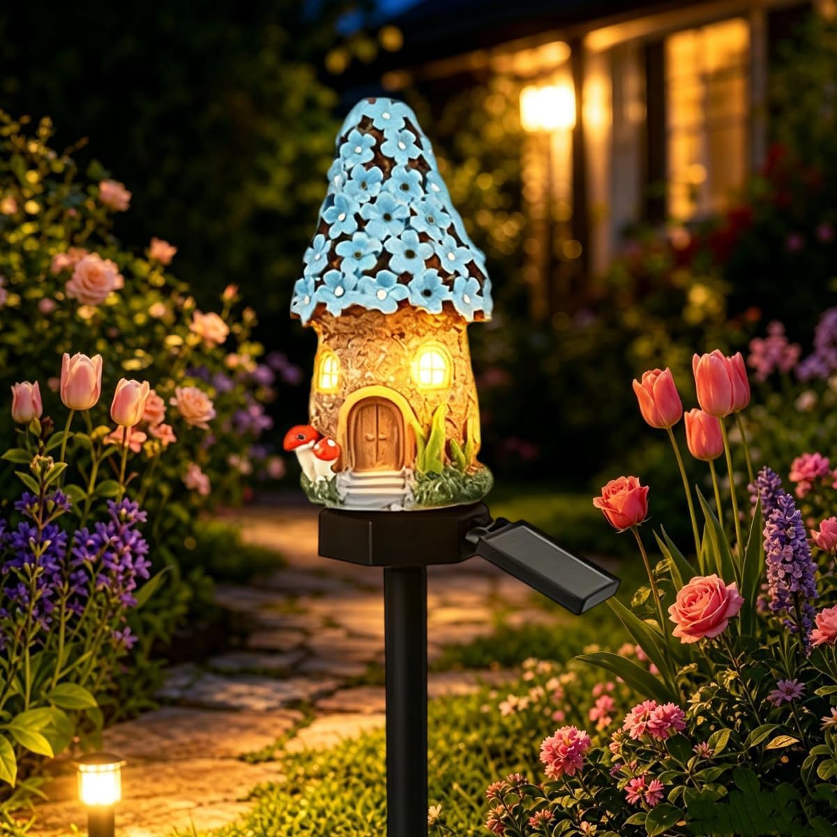 EHOTER Solar Fairy Mushroom Cottage Garden Light Waterproof LED Outdoor Mushroom House Statue Decor Lamp Resin Mushroom Cottage Figurine Auto On/Off Landscape Pathway Light for Yard Patio Lawn (Blue)
