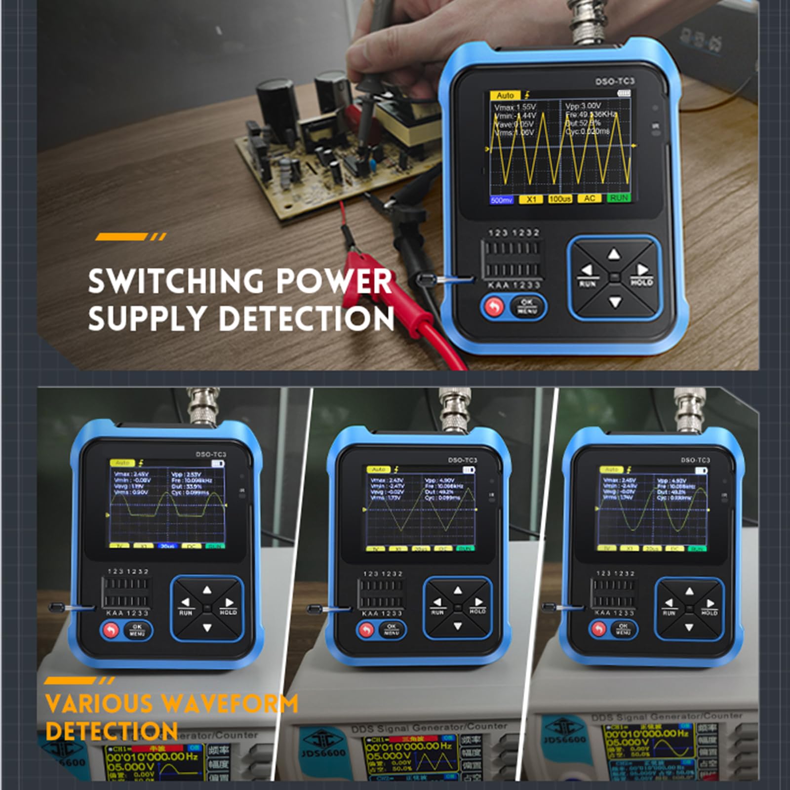 Jadeshay Osciloscopio de Mano,Kit de Osciloscopio Digital Portátil,USB Recargable 3 en 1 Probador de Transistor Digital de Ancho de Banda Generador de Señal Pantalla LCD,Salida de Ondas cuadradas PWM