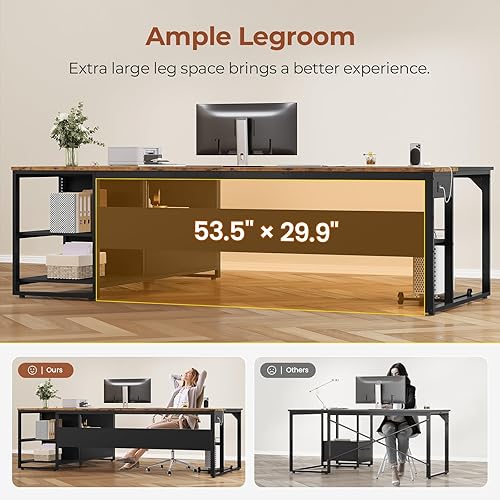 Miniatura 7 de 71" Executive Desk, Large Office Desk with Widen File Drawers & Power Outlets, Reversible L Shaped Computer Desk Corner Desk with Storage Shelves,