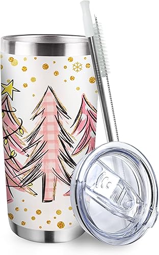Vaso de árbol de Navidad con tapa y pajilla, taza de café de viaje de acero inoxidable con diseño de copos de nieve de búfalo de Navidad rosa,