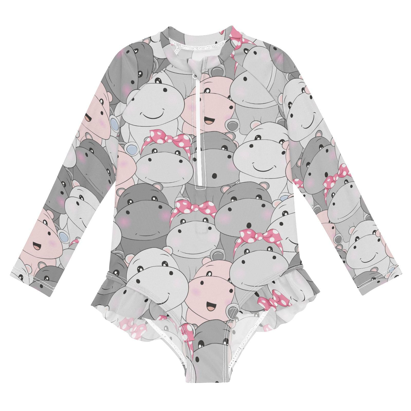 susiyo Cute Baby Hippo Girls Long Sleeve One Piece Swimsuits Rash Guard Bathing Suit UPF 50+ Zipper Girl Swimwear