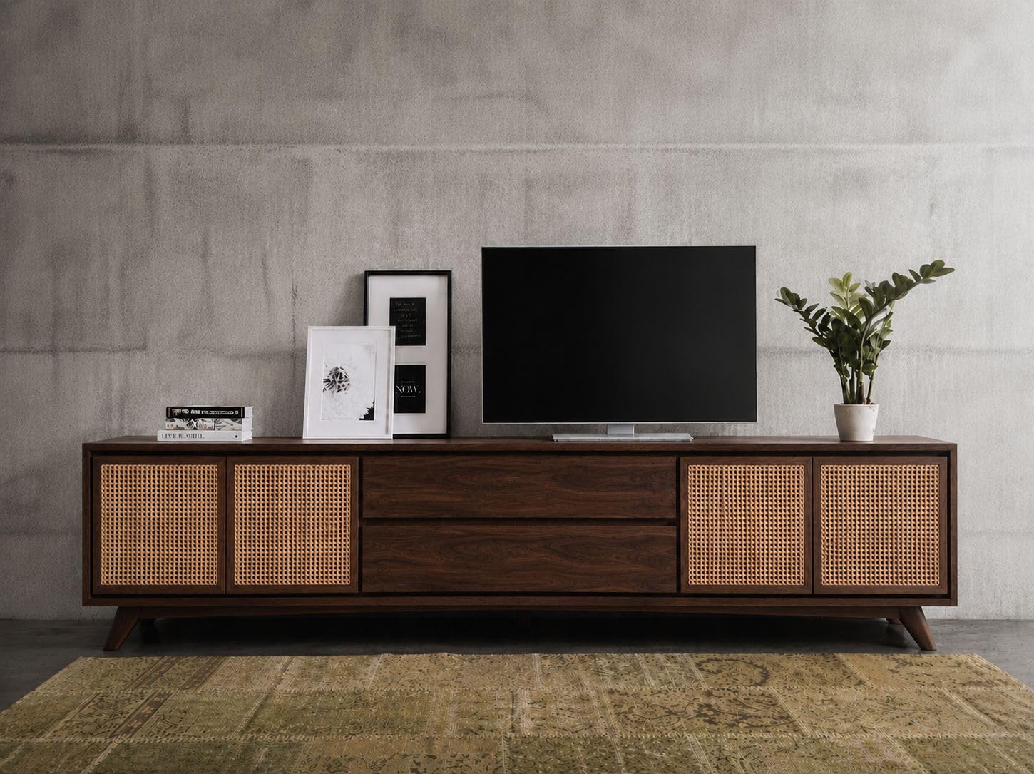 Space Galaxy Solid Sheesham Wood Rattan TV Unit for Living Room | Cane Entertainment TV Stand with 4 Door Cabinet & 2 Drawers Storage |TV Cabinet Furniture for Home Walnut Finish (Size:-80x15x24 inch)-image-14