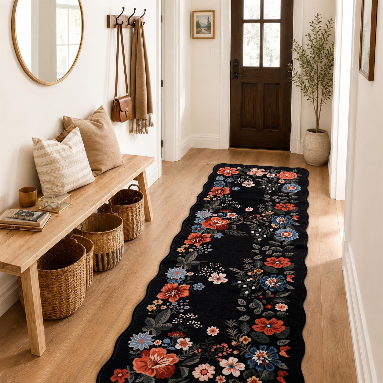 SOANNY Floral Hallway Runner, 60x180 cm Washable Runner Carpet Non-Slip, Soft Stain Resistant Boho Low-Pile Mat for ‎Kitchen Laundry Bathroom Bedroom Entryway Nursery Area, Scalloped Black — image 1