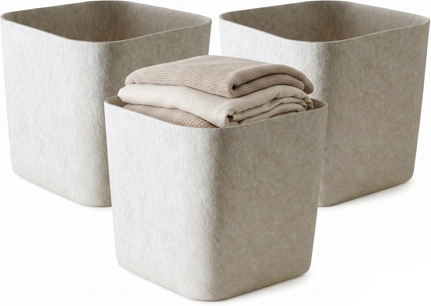 SortJoy The Original Sculpted Bin Set of 3 Storage Bin Felt Storage Basket Drawer Organizer Clothes Closet Cabinet Bathroom, Pantry, Kitchen 12.5" x 12.5" x 11.63" (Stone, Oatmeal)