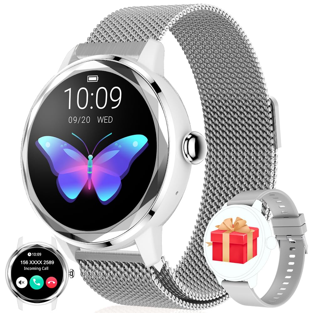YYKY Reloj Inteligente Mujer Redondo, 1.2" Smartwatch Pequeño con Seguimiento del Menstrual/120+ Modos Deportes/Pulsómetro/SpO2/Monitor Sueño IP68 Android iOS Plata, Regalo Mujer, 2 Correas