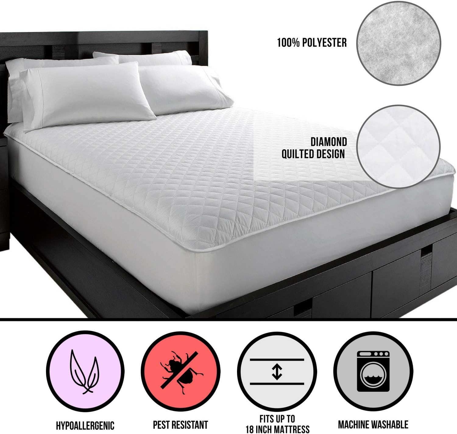 Ella Jayne Allergen-Free Mattress Protector, Hypoallergenic, dust mite Free, fits 18" Mattress, Machine wash - Queen