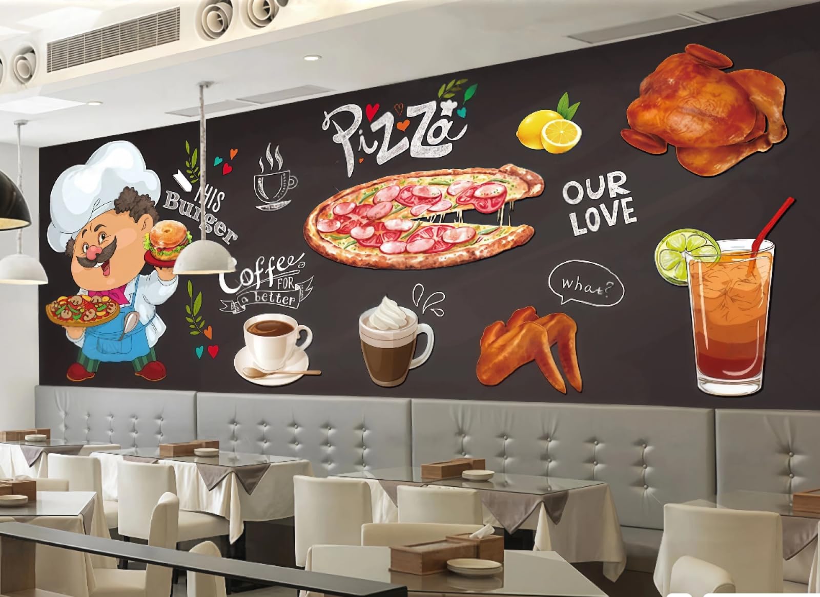 rskjdghshd Wallpaper Hand-Painted Burger Cartoon Pizza Fried Chicken Fast Food Restaurant Afternoon Tea Background Wall Western Restaurant Wallpaper Cafe Mural,3D,250x175cm