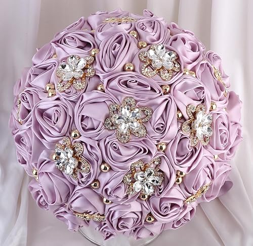 Miniatura 9 de Sharebeauty 18 cm Ramo de rosas de satén hecho a mano para novia, ramo de boda redondo, ramo artificial de flores para lanzamiento, ramo de color