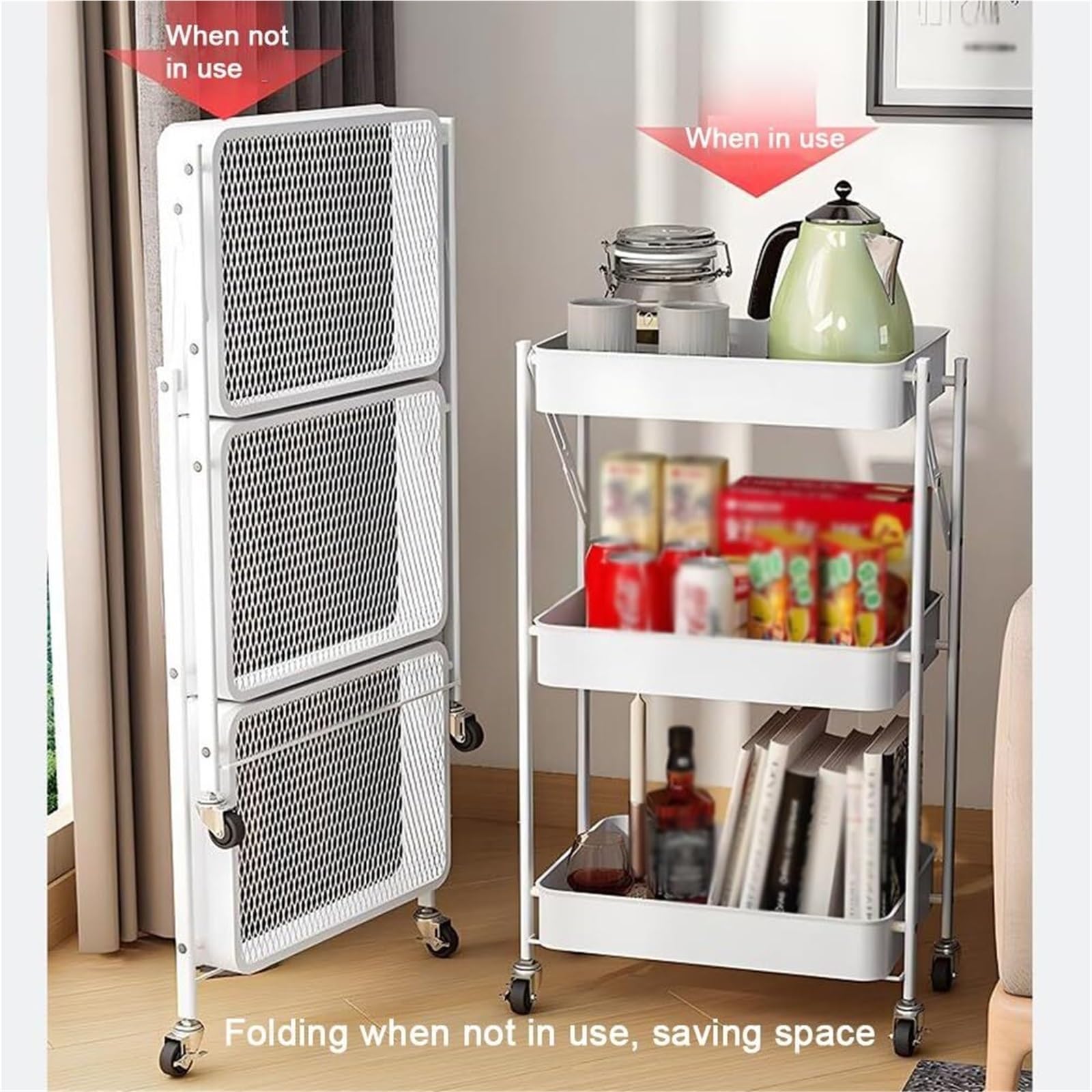 Carrito plegable de metal, estante de almacenamiento multifuncional de 3 niveles para cocina, oficina, baño, sala de manualidades, organizador de frutas y verduras, fácil movilidad