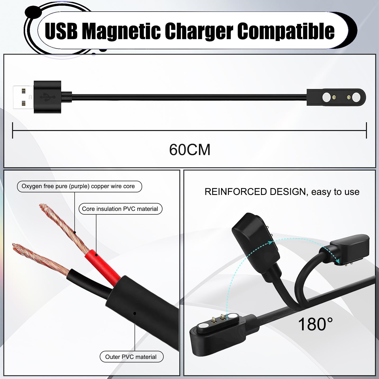 Caricabatterie magnetico per smart watch, compatibile con Cosmo Jrtrack 4/Jrtrack 3/Jrtrack 2/Jrtrack/Jrtrack SE, caricabatterie magnetico portatile di ricambio USB (nero, 2 pezzi)