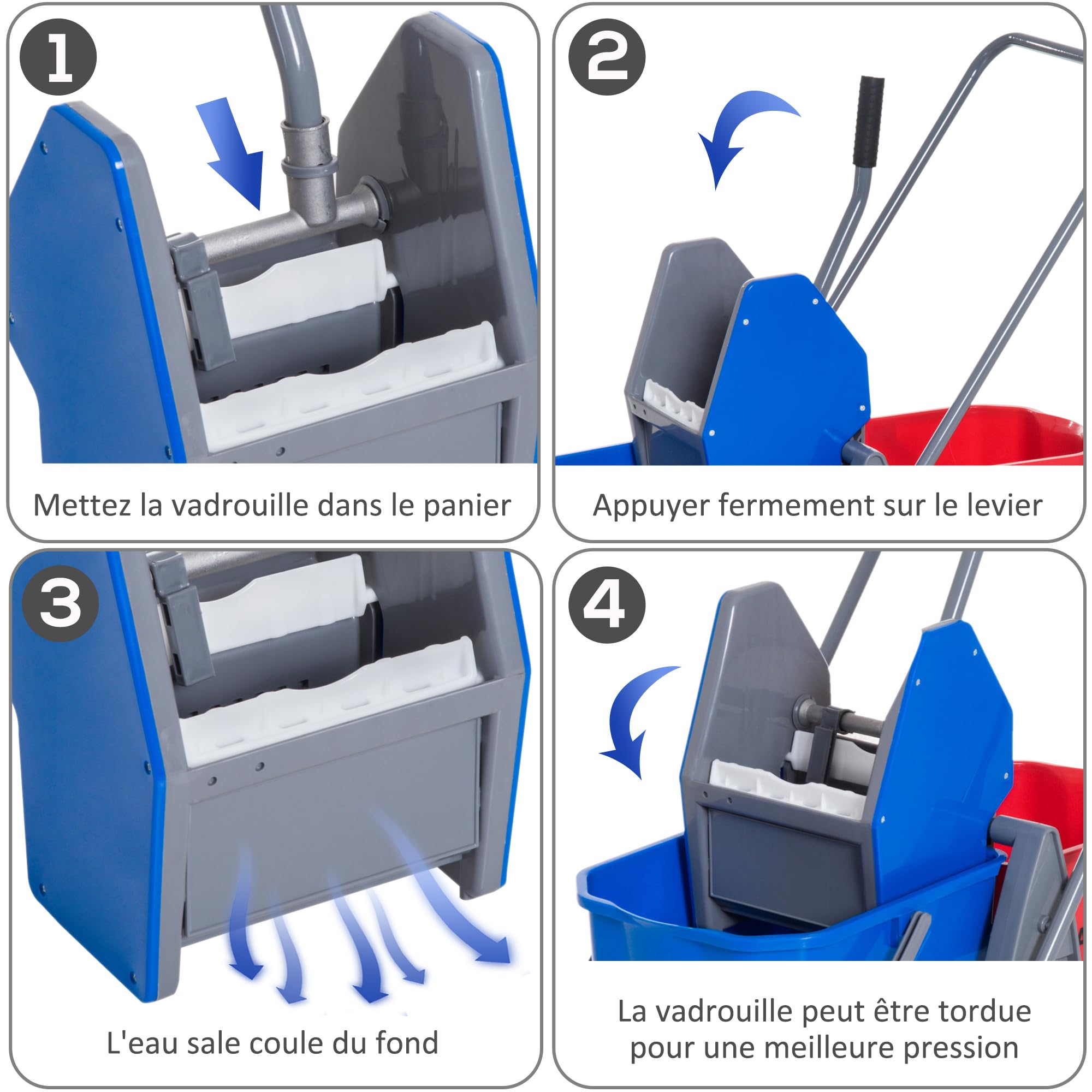 HOMCOM Chariot de Lavage Presse à Mâchoire 73x45x92cm Gris Bleu Rouge | Chariot de Nettoyage Professionnel, 2 Seaux 25 L, Plastique