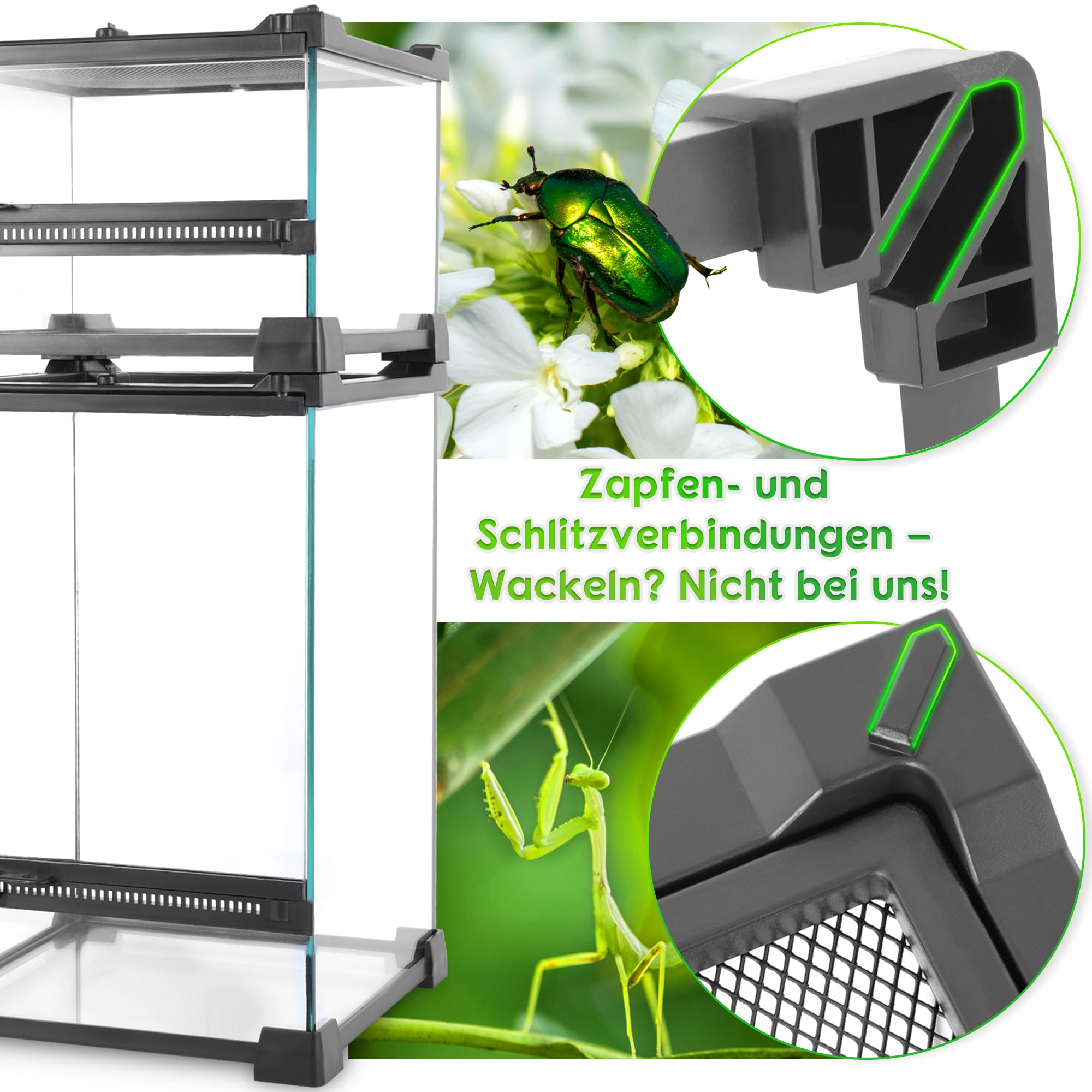 Mini-Reptilien-Glas-Terrarium, 20 x 20 x 30 cm, robuster Reptilien-Lebensraum mit hitzebeständigem Rahmen aus Aluminiumlegierung, Einzelschwingtüren, kein Stau durch Sand und Anderen