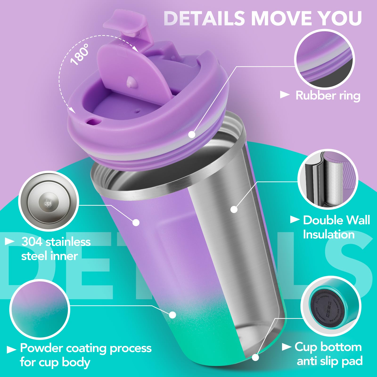 Volhoply 340ml 12oz Double Wall Insulated Vacuum Travel Coffee Mug with Flip Lid Bulk 2 Pack,Reusable Stainless Steel Leak Proof Coffee Cup,Cafe Thermal for Cold & Hot Drinks(Purple Green,2 Set) - Image 4