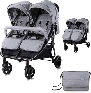 Lorelli silla de paseo gemelar dúo plegable ajustable cubrepiés bolsa de pañales, color:gris claro