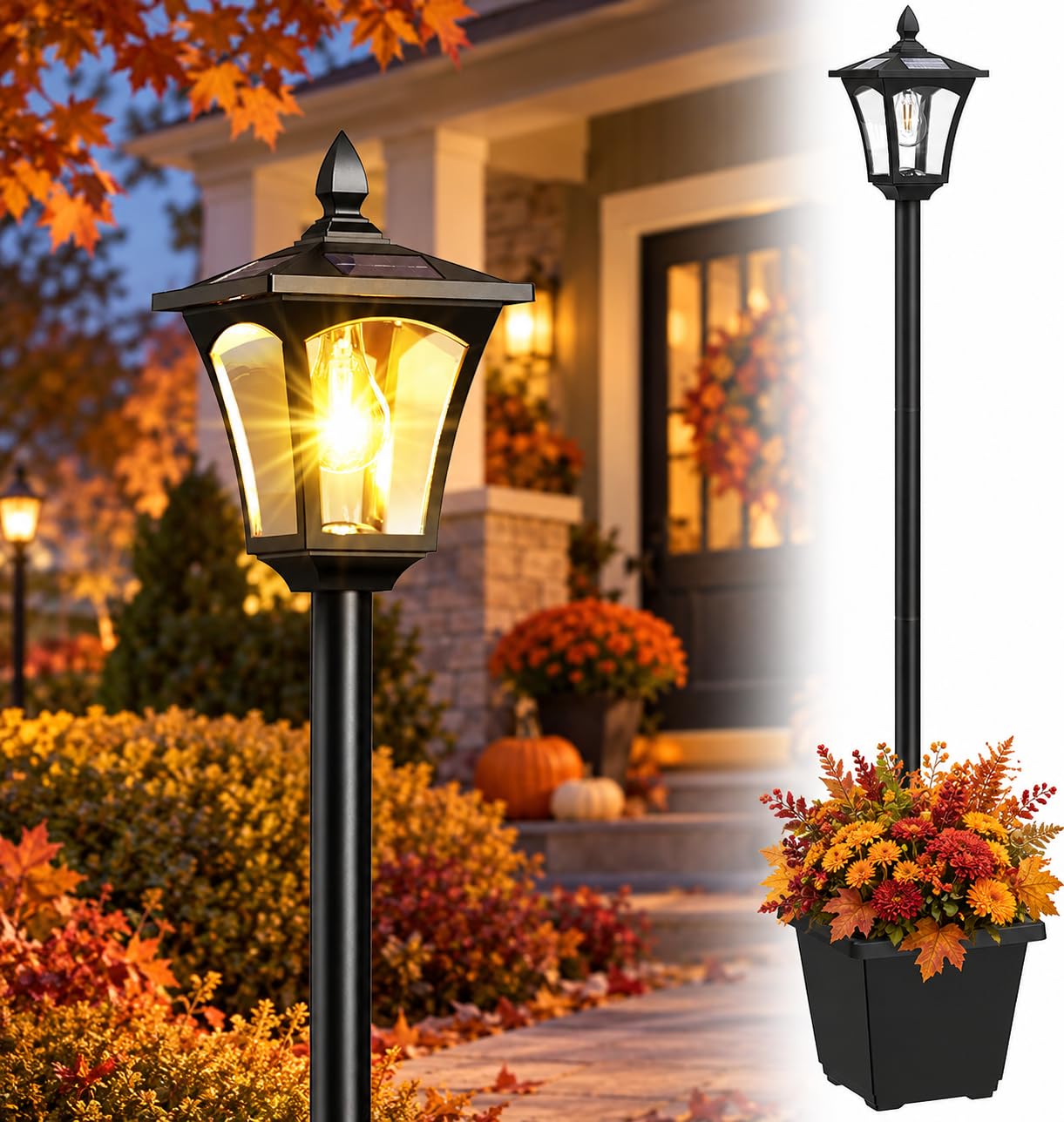 ILANCK 64 Inch Solar Lamp Post Light with Planter, 60 High Lumens