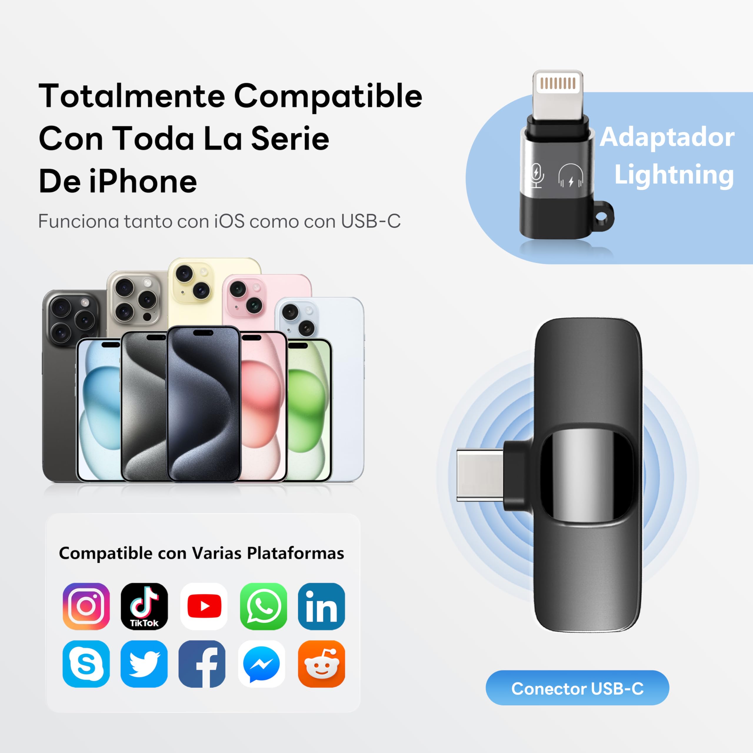 Microfono Inalambrico para iPhone y Android, Doble Microfono Solapa con Cancelación de Ruido DSP, Plug & Play, 10 Horas de Batería, con Adaptador Lightning, para Podcast, Streaming y Youtube