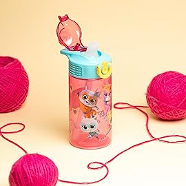 Zak Designs Disney SuperKitties Sage Kids Water Bottle For School or Travel, 16oz Durable Plastic Water Bottle With Straw, Handle, and Leak-Proof, Pop-Up Spout Cover (Ginny, Sparks, Buddy, Bitsy)