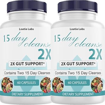 15 Day Cleanse 2X - Double Gut & Colon Support - Advanced Gut Cleanse Detox for Women & Men with Alfalfa, Cascara Sagrada, Probiotics & Psyllium Husk - Non-GMO - Made in USA - 60 Capsules 2 Bottles