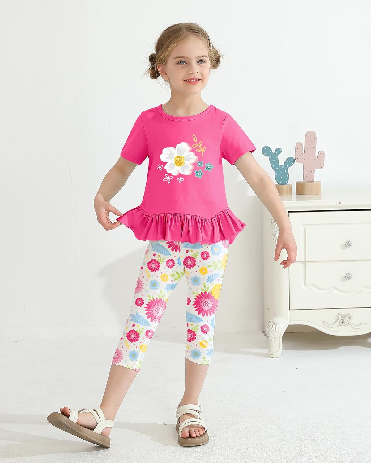 CARETOO Toddler Girl Clothes 2pcs Girl Spring Summer Outfit Ruffle Hem Short Sleeve Top and Floral Capri Pant 2-7 Years - Image 3