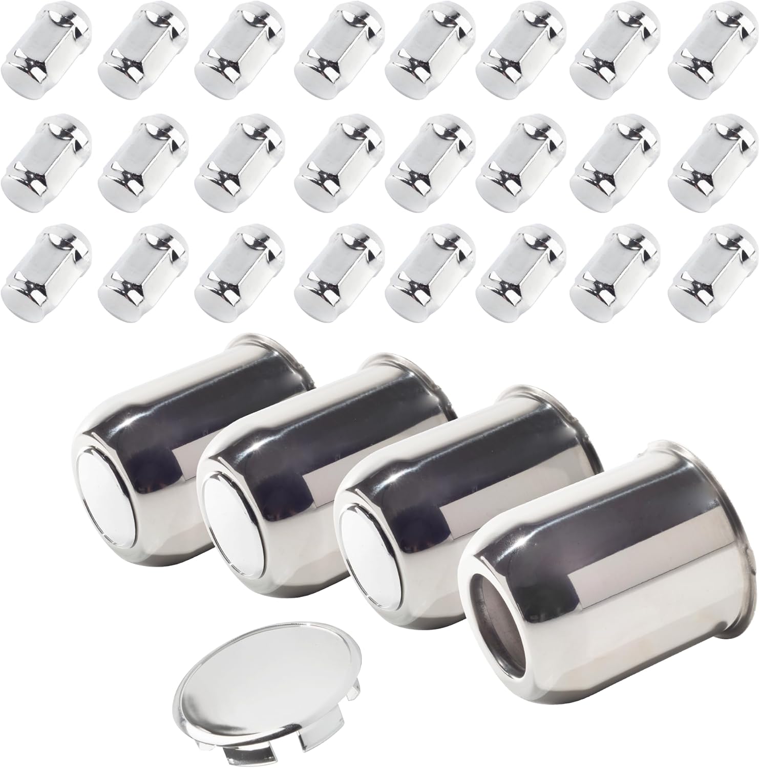4-Pack Trailer Push Through Center Caps and Trailer Wheel Lug Sets - 3.74in Wheel Center Caps Matte Black Wheel Cover Stainless Steel Hub Cap with 24 Black Capped 1/2-20 Lug Nuts for Truck RV