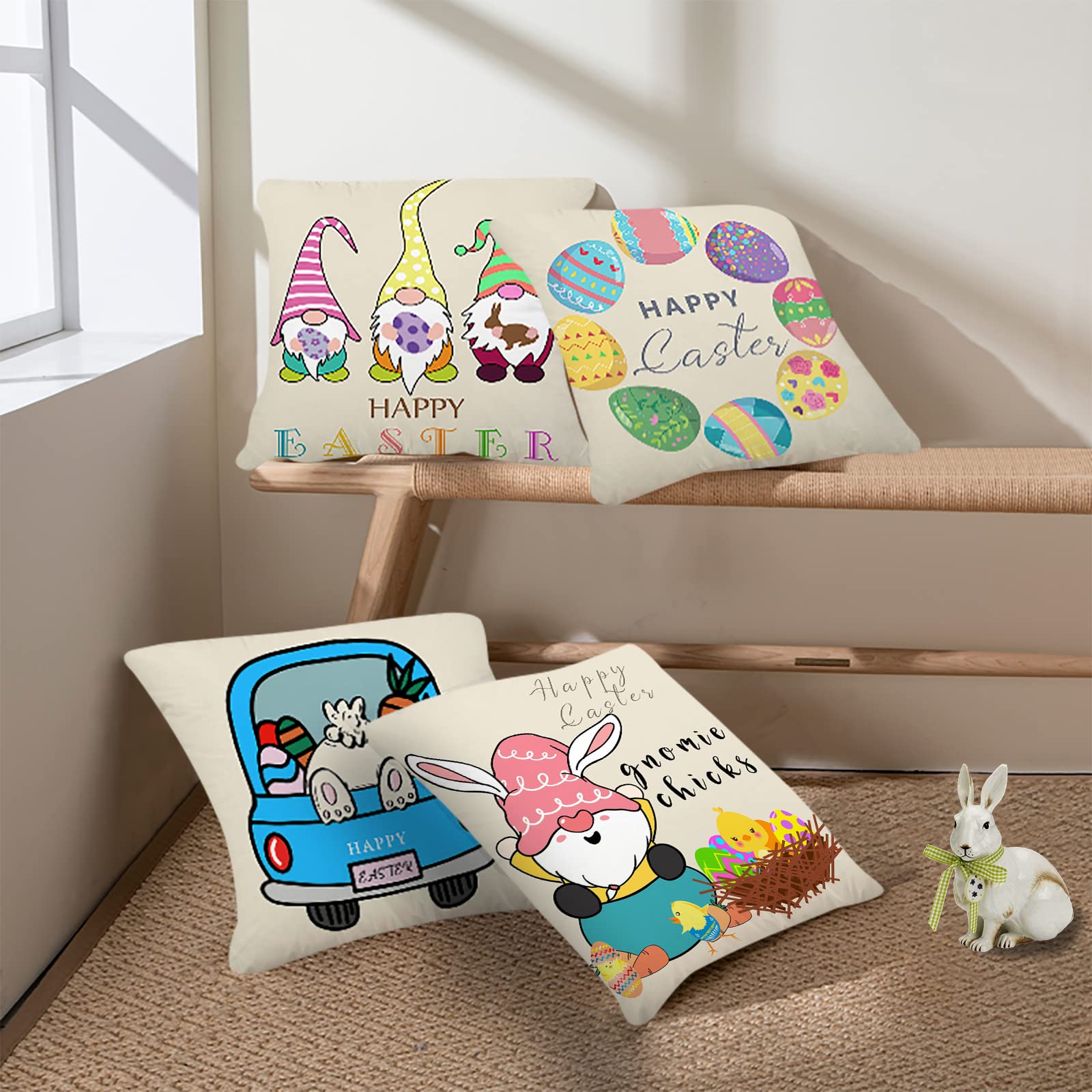 Spring Floral Throw Pillow Covers 18x18 - Easter Bunny Gnome Pattern, Pastel Velvet Cushion Covers For Sofa & Bed - View #3