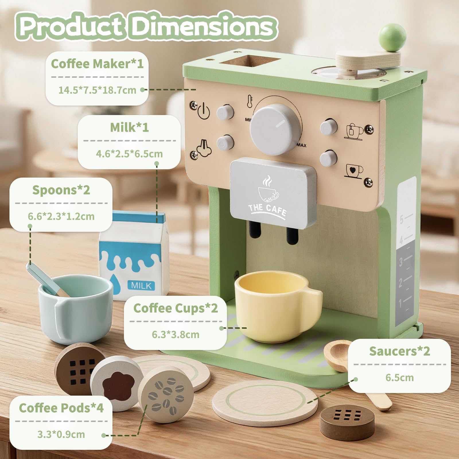 Machine à Café Jouet en Bois avec Son pour Enfant, Jeu de Rôle Cuisine Montessori et Éducatif, 3+ Ans 10 Pièces