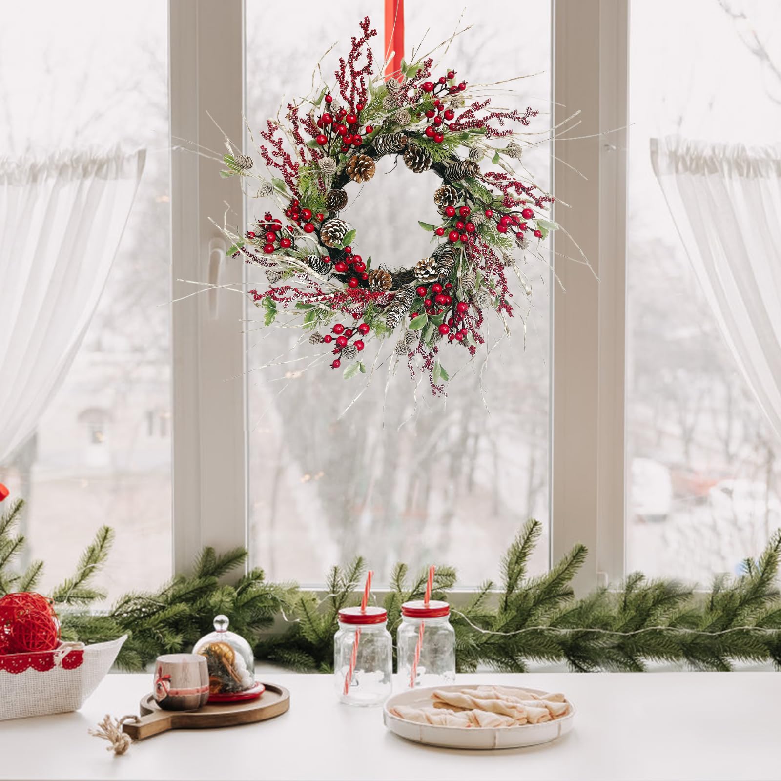 Corona de Navidad de Abedul Artificial de 24 Pulgadas con Conos de Pino Helado, Bayas y Hojas de Acebo, el Cedro Mejora la decoración de la Puerta Delantera para Todo el Invierno