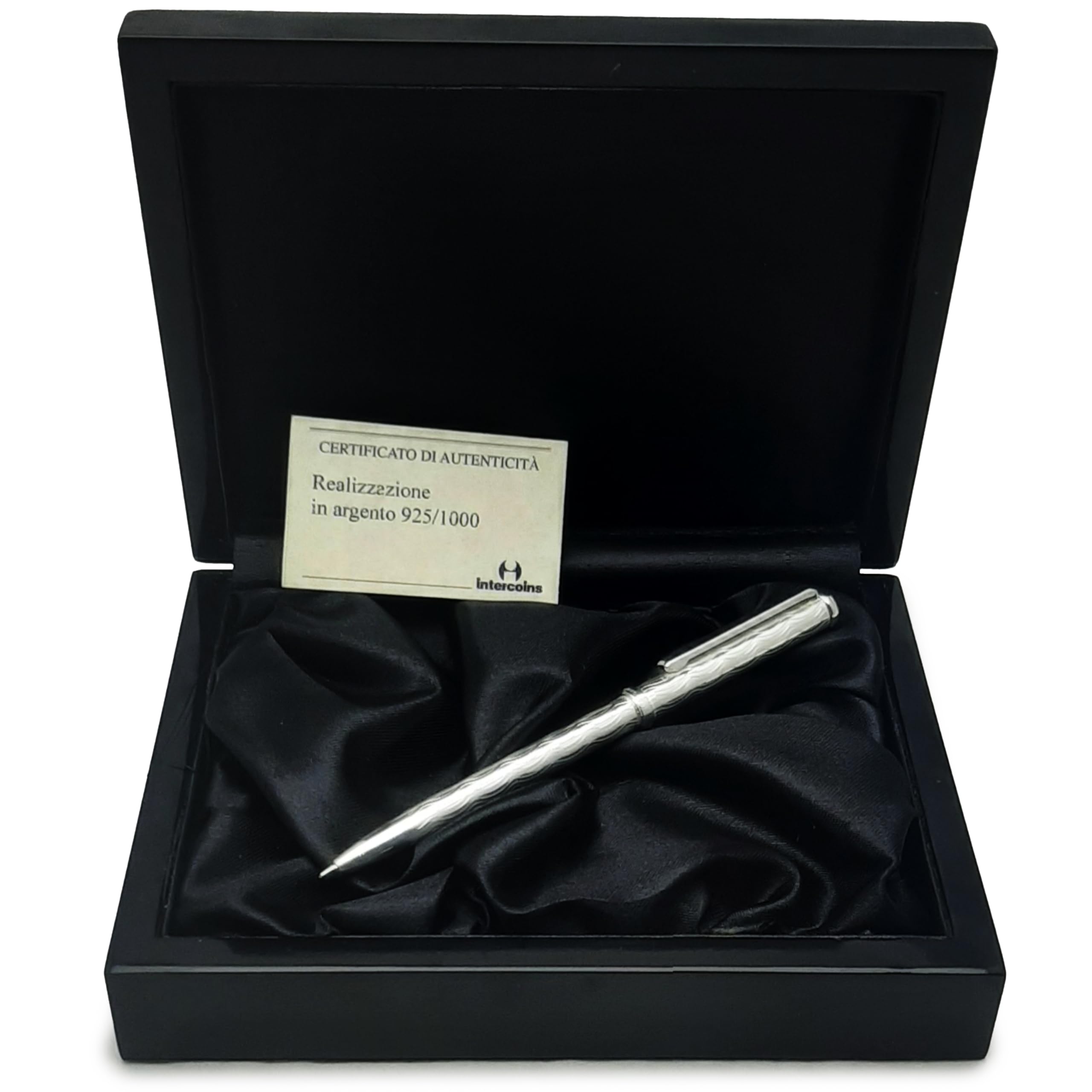 Generico Portamine in argento sterling 925/1000 finemente incise con decorazione guillosce onde made in Italy confezione laccata in legno nero