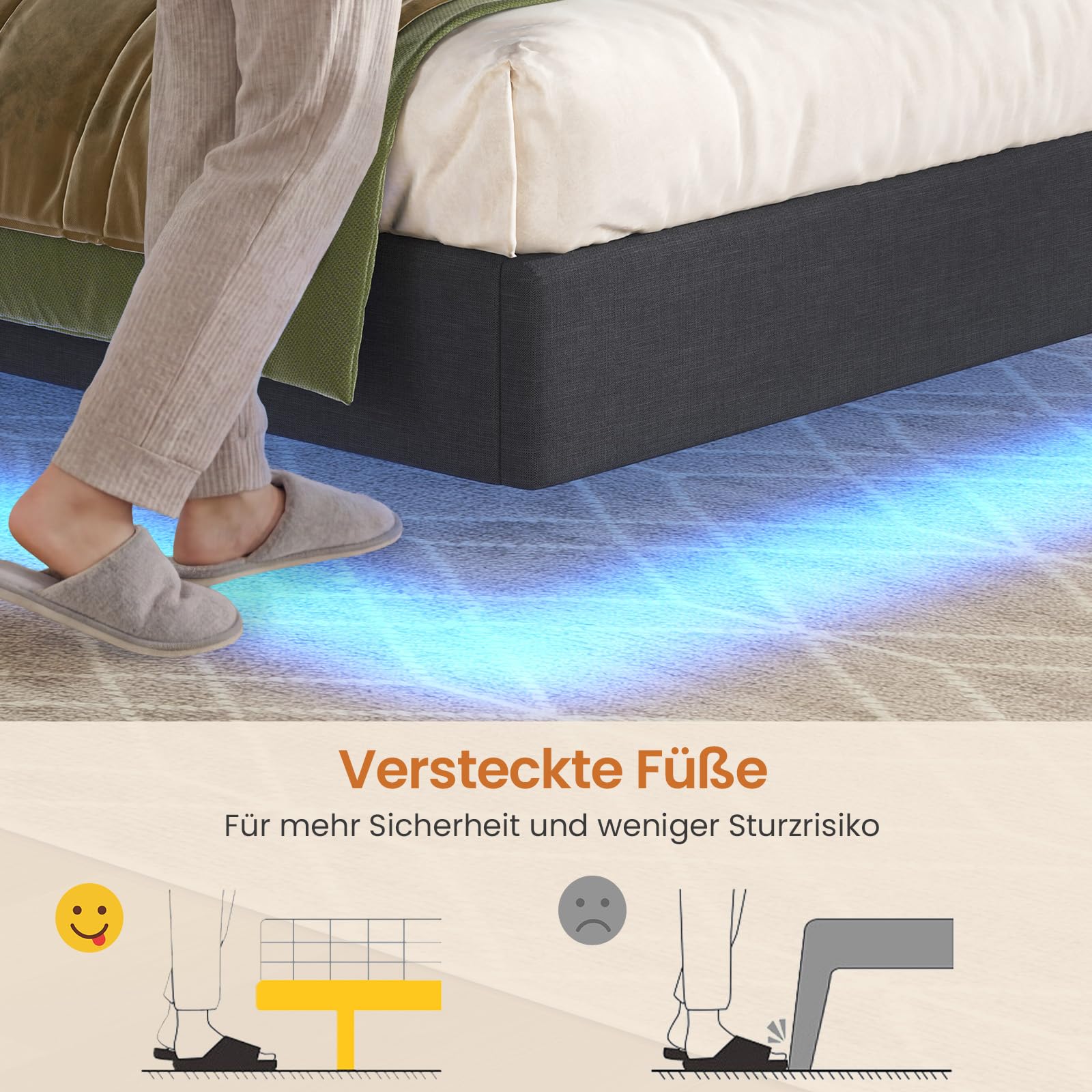 KIMENICH Polsterbett 180x200 cm,Schwebebett mit LED-Beleuchtung und Ladestation,Bett 180x200 mit Stauraum,Doppelbett mit Lattenrost,Bettgestell mit Kopfteil,Grau