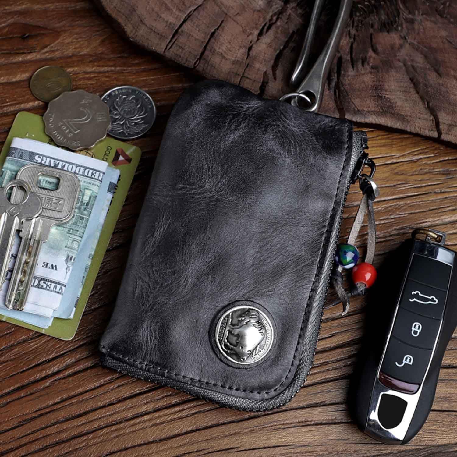 1 Pcs Mini Leather Zipper Bag Car Key Bag Coin Organizer Change Holder Key Protection Bag With Metal Hooks - Image 4