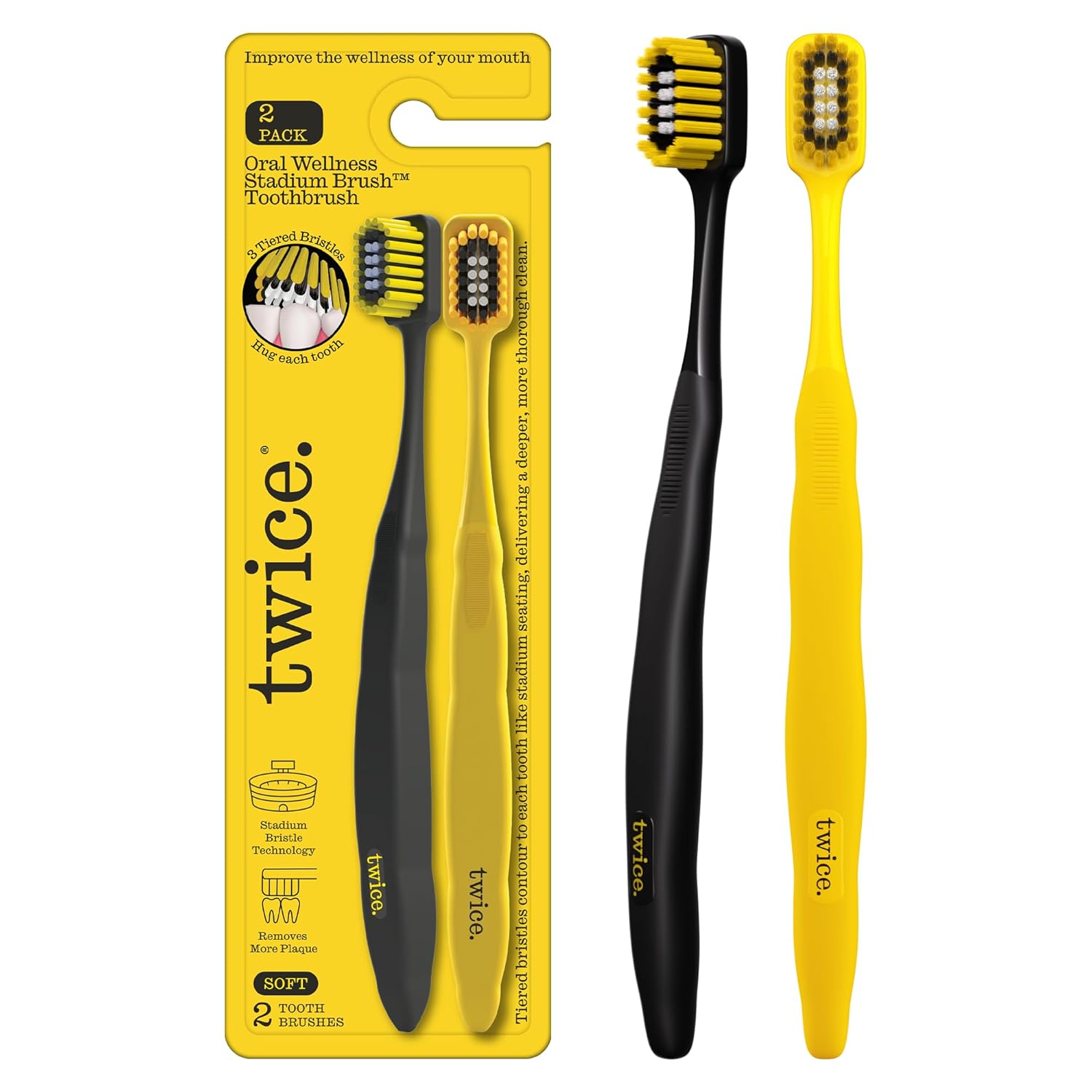 Twice Twice Oral Wellness Stadium Bristle Toothbrush Innovative 3-Tier Soft Bristles That Help Remove Plaque by Contouring to