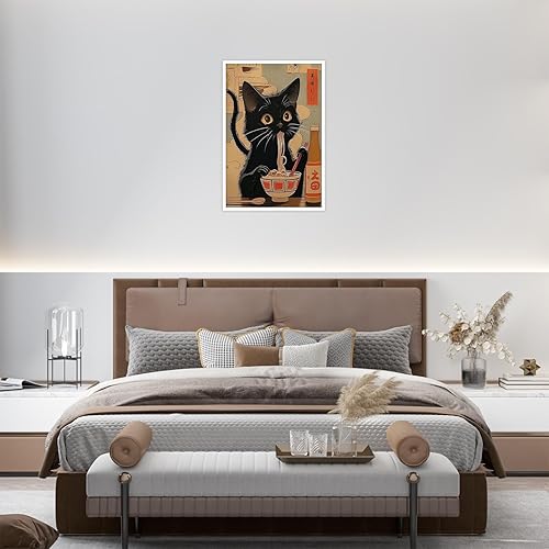 Miniatura 4 de Póster de lienzo retro de animales japoneses con gato negro, estilo vintage, gato comiendo ramen, arte de pared, regalo para amantes de los fideos,