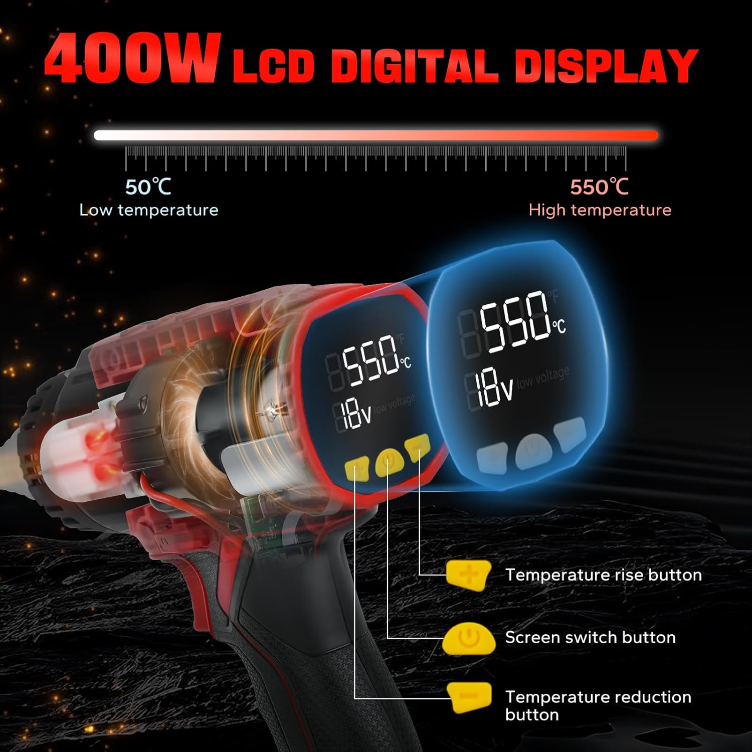Heat Gun for milwaukee 18V Battery,400W heat gun up to 1202℉ with LCD Digital Display,Hot Air Gun Fast Heating Variable Temperature Control 4 Nozzles for shrink tubing,crafting(No battery)
