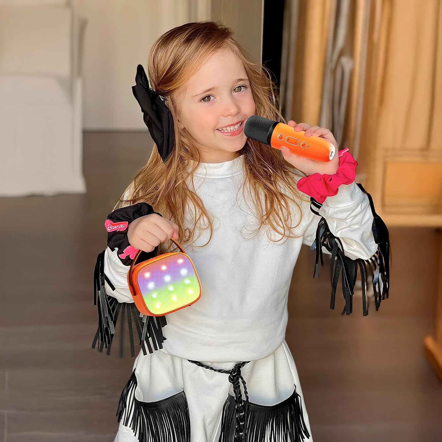 Mini Karaoke Machine for Kids Adults, Portable Bluetooth Speaker with 2 Wireless Microphones, Birthday Gifts Toys for Girls Boys Ages 3, 4, 5, 6, 7, 8, 9,10,11,12+ Years Old Toddler (Orange) - Image 7