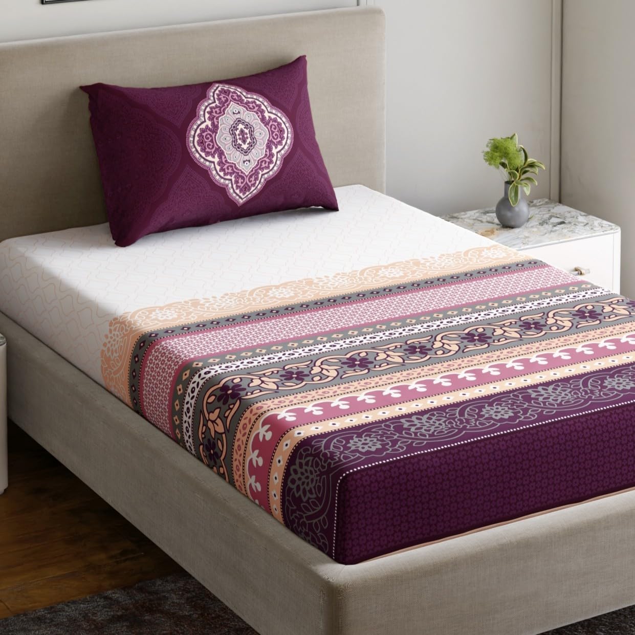 Dreamscape 100% Cotton Bedsheet with 1 Pillow Cover - (Size 59 x 87 inches, TC, Colour - Purple)-image-26