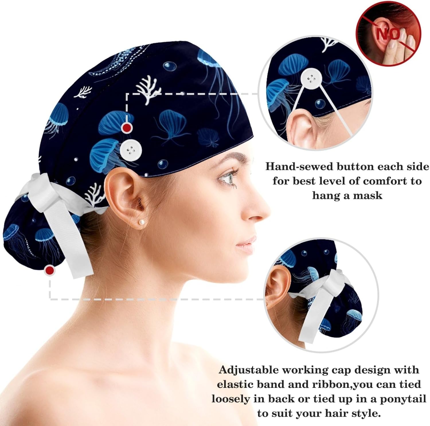 Scrub Caps Women Nursing Hats Jellyfish Animal with Buttons Ponytail Working Adjustable Pouch Tie Back - Image 3