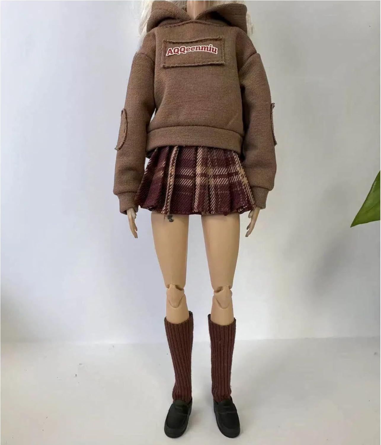 Fashion Doll Clothing Set, Brown Hooded Sweatshirt with Plaid Skirt, Socks and Shoes, 1/6 Scale, Compatible with Standard Fashion Dolls