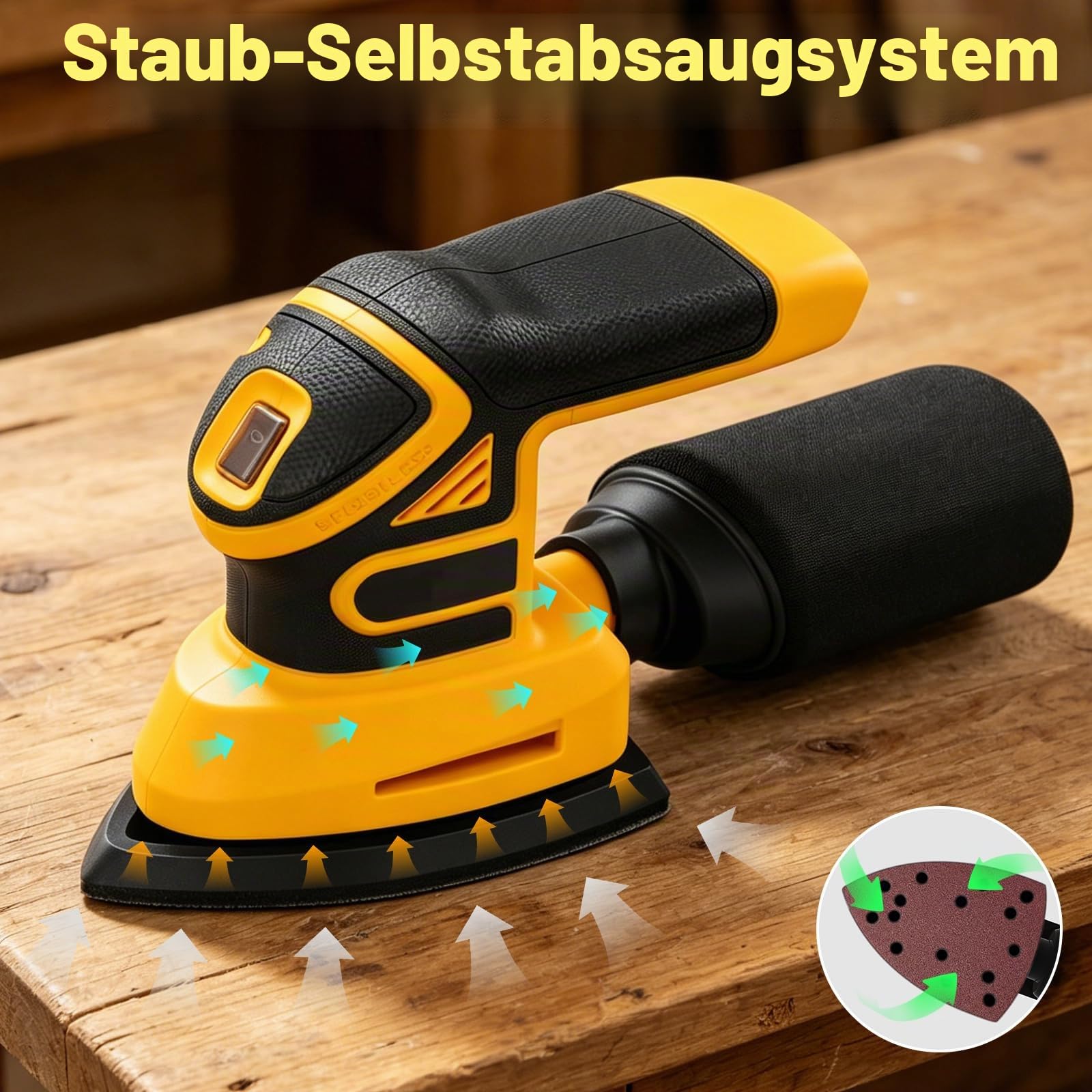 Akku Deltaschleifer für Dewalt 20V Akkus, Bürstenloser Multischleifer 12000 U/min, Schleifmaschine mit Absaugung, 12 Schleifblättern, Schleifer für Holz zum Schleifen Polieren (ohne Akku)
