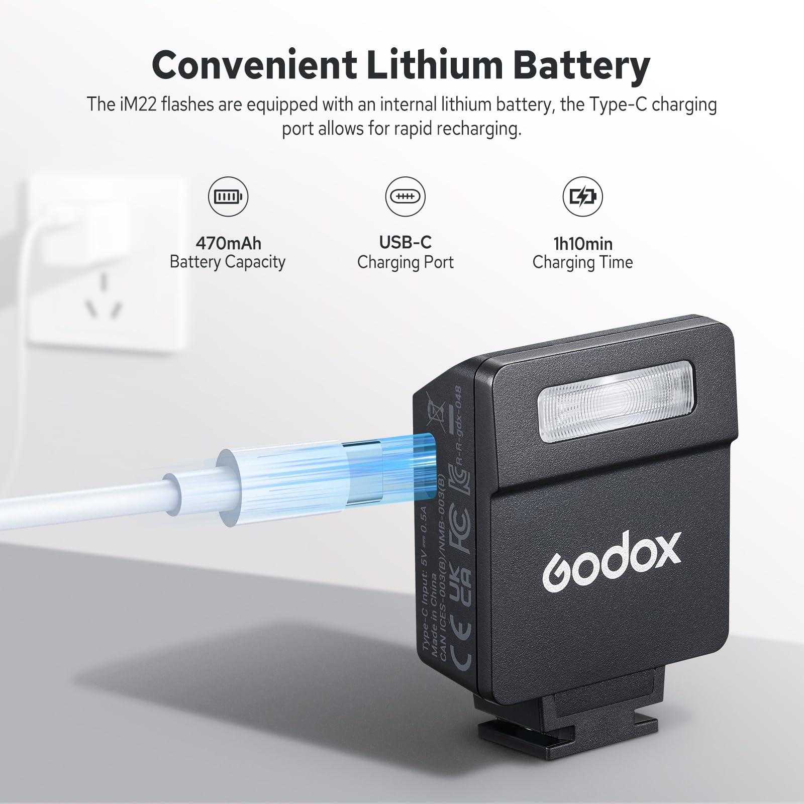 Godox iM20 Mini flash pour Canon, Sony, Fuji, Nikon, 6000 K ± 200 K, avec contrôle optique S1/S2,3s, temps de charge environ Batterie au lithium, mini flash portable léger (Godox iM22)