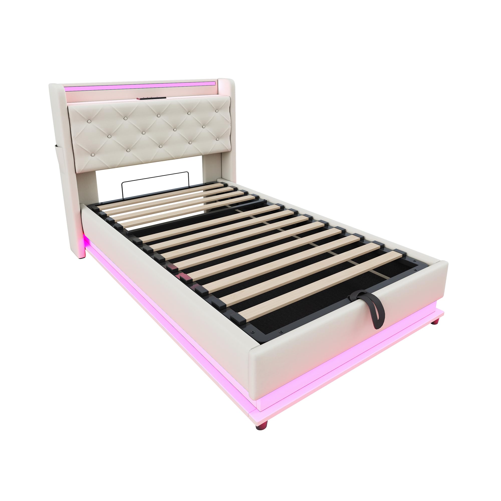 Ymkua Letto Imbottito Letto Singolo 90x200 cm, Bed contenitore con LED e USB Porta, Idraulici Bed frame per Bambini con Struttura Rete a Doghe e Testata Ribaltabile, Linen, Senza Materasso (Beige)