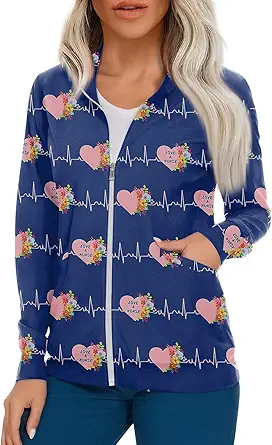 Scrub Jackets for Woman Zip Up Long Sleeve Tops Print Plus Size Womens Scrubs for Women Nursing Shirts with Pockets
