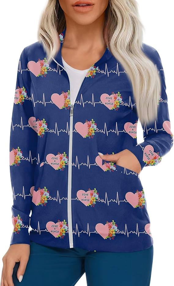 Scrub Jackets for Woman Zip Up Long Sleeve Tops Print Plus Size Womens Scrubs for Women Nursing Shirts with Pockets