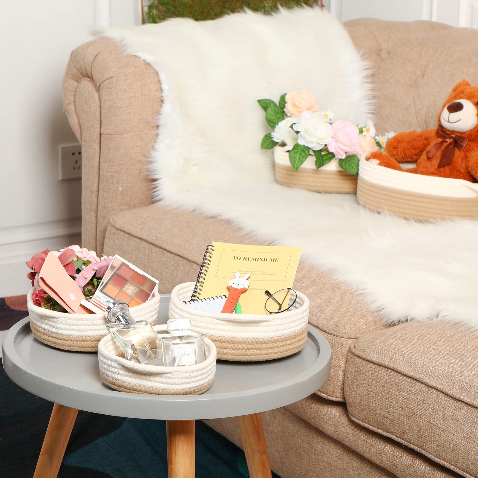 10 Stück gewebte Körbe aus Baumwollseil, Korb, Regal, Schrank, Organizer, runde Schlüsselschale für Eingangstisch, flache Montessori-Körbe, Schlüsselablage für Heimdekoration, Organisation, 5 Größen