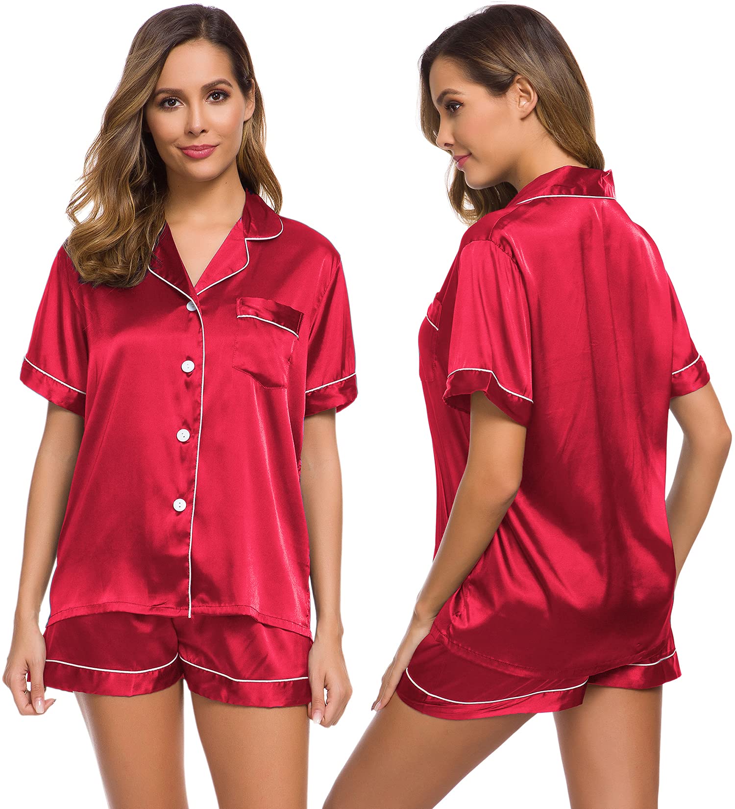 LecGee Womens Silk Satin Pajamas Short Sleeve Loungewear Two-Piece Sleepwear Button-Down Pj Set