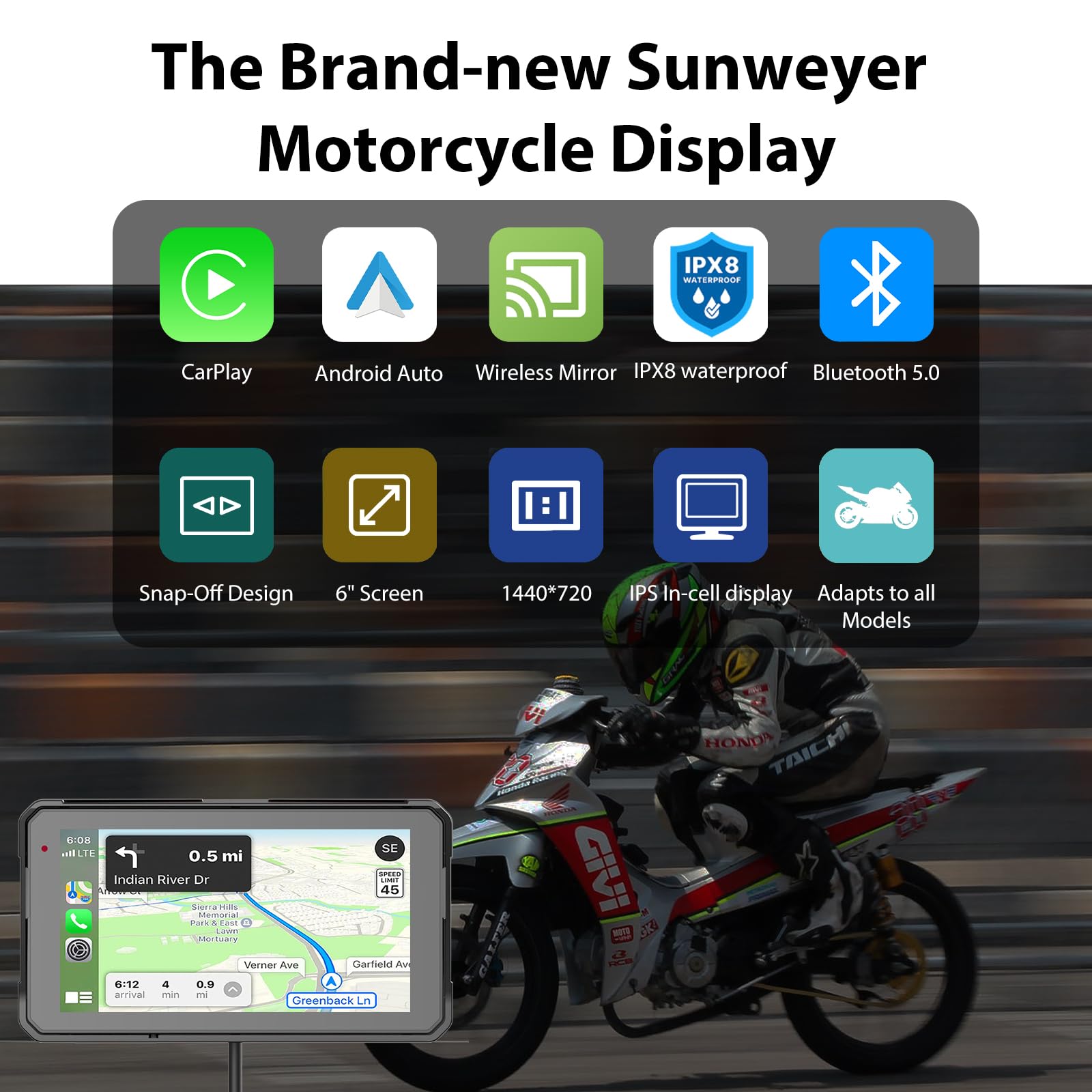 Sunweyer 5-Zoll Motorrad-Touchscreen, Tragbares Navigationsgerät mit Kabellosem CarPlay & Android Auto, GPS-Navigation, Dual-Bluetooth, IP68 Wasserdicht