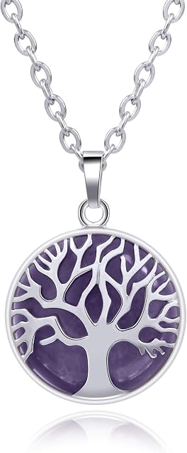 Thajaling Amethyst Gemstone Pendant Necklace Crystal Healing Energy Stone Pendant Silver Tree of Life Jewelry for Woman girls gift