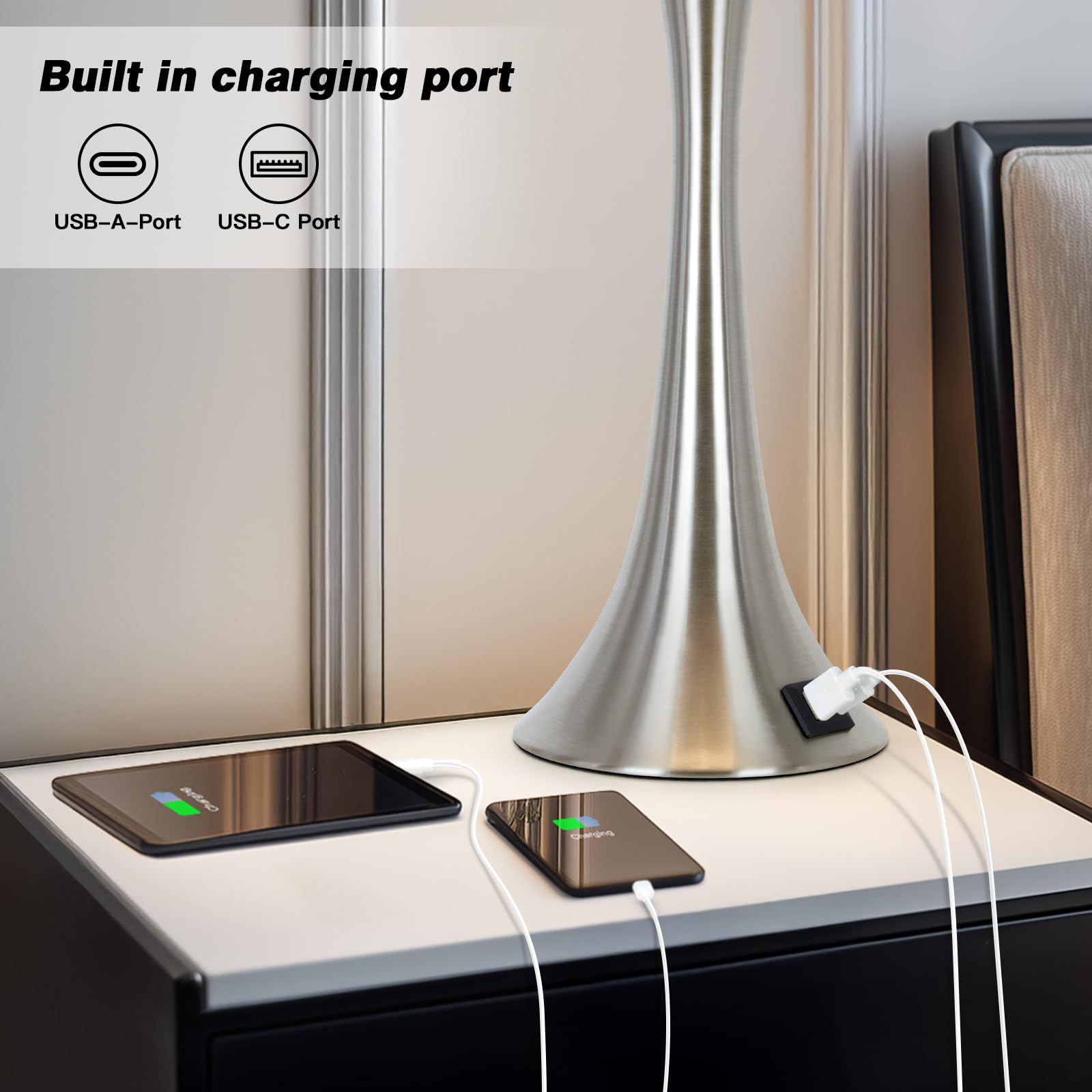 Rinweey 69.8 cm Silber Tischlampen, Touch Nachttischlampen mit USB C+A Ports, 3 Wege Dimmbare Nachttischlampen für Schlafzimmer, Wohnzimmer, Büro, Silberlampe mit beigem Lampenschirm, Glühbirnen