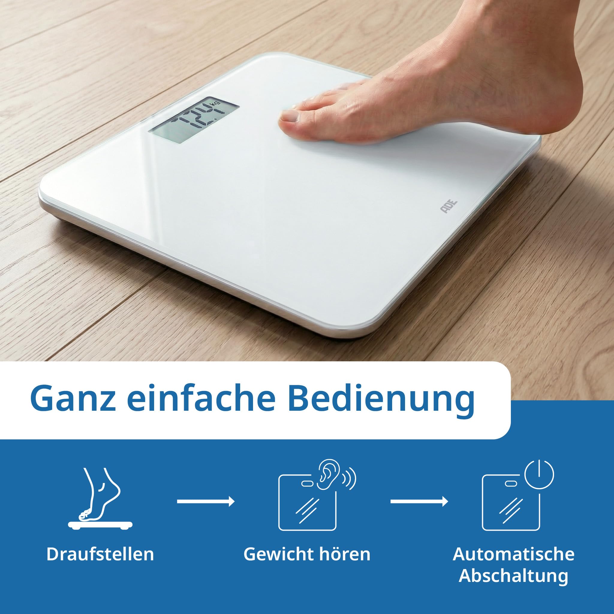 ADE Sprechende Personenwaage digital Deutsch | bis 250kg | Körperwaage mit Sprachausgabe in 5 Sprachen | sehr großes Display | ideal für Blinde, Sehbehinderte und Senioren