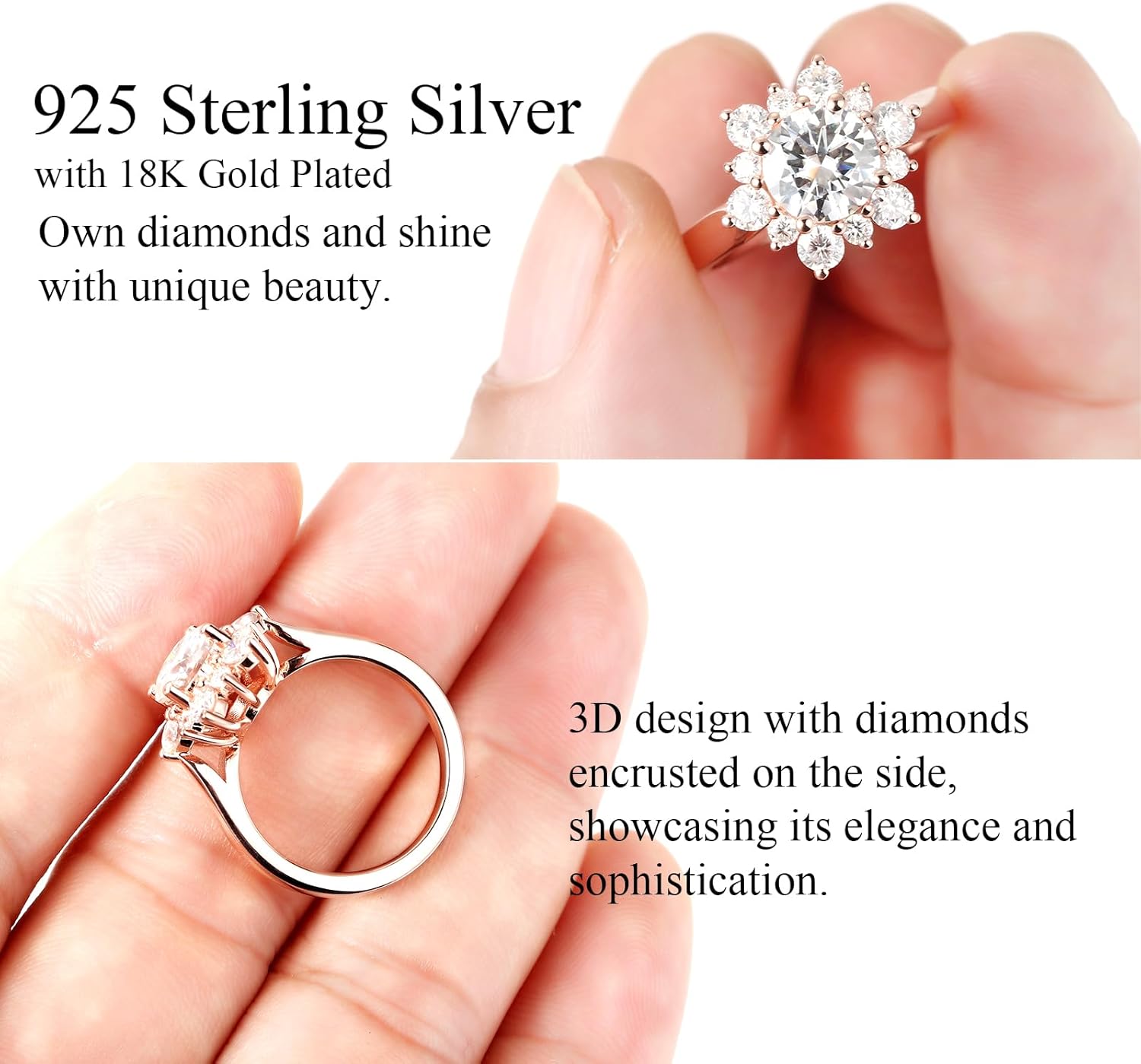 Moissanite Engagement Ring for Women, Rose Gold Plated 925 Sterling Silver Halo Rings 2.28CTTW D Color VVS1 Round Cut Promise Rings for Her Gift(Size4-11)